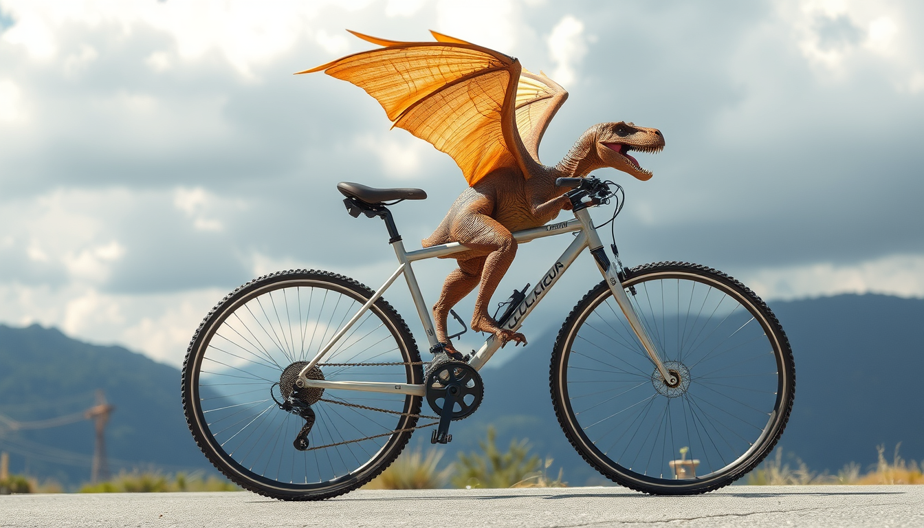 Main art studio: haz un anuncio una bicicleta voladora con 2 alas de fibra de carbono con dos ruedas y que vuele con un dinosaurio arriba de la bicicleta