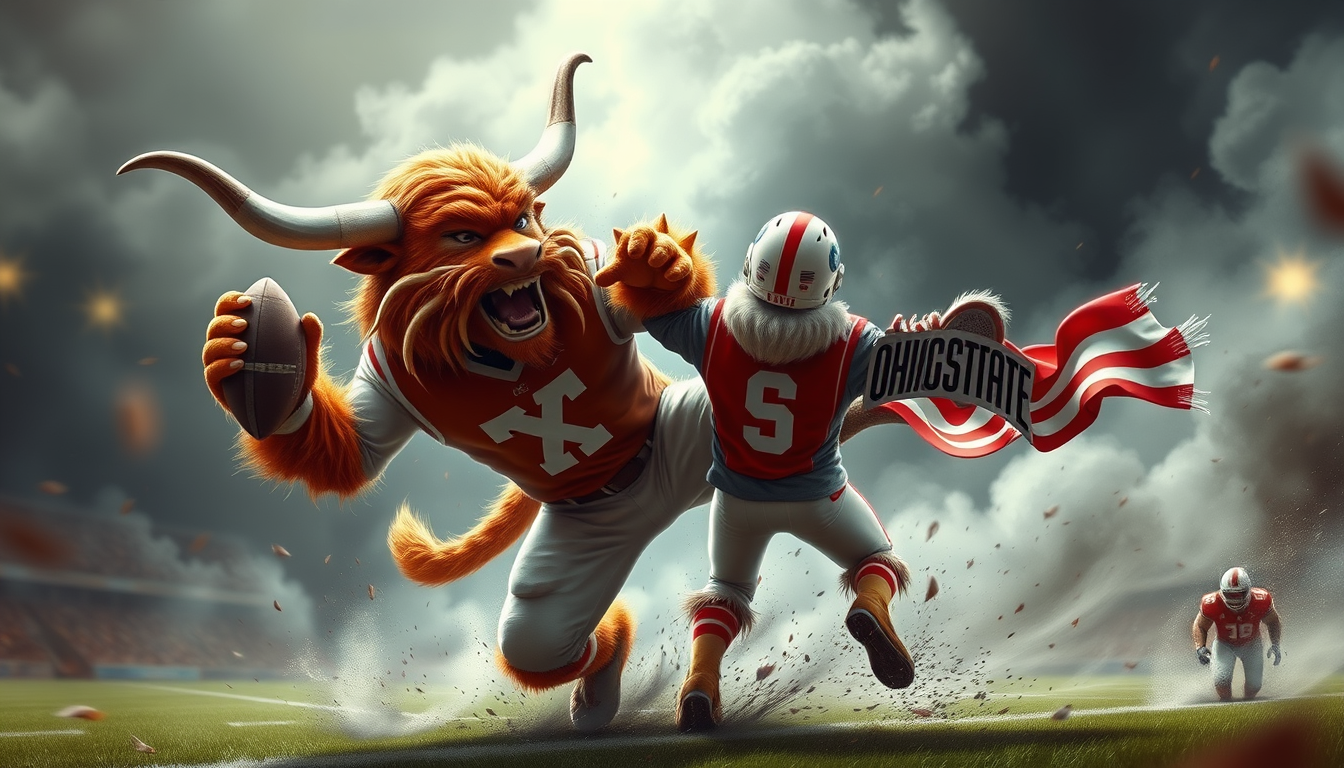 Main art studio: In the style of fantasy art, create an image of the Texas Longhorns mascot defeating the Ohio State Mascot