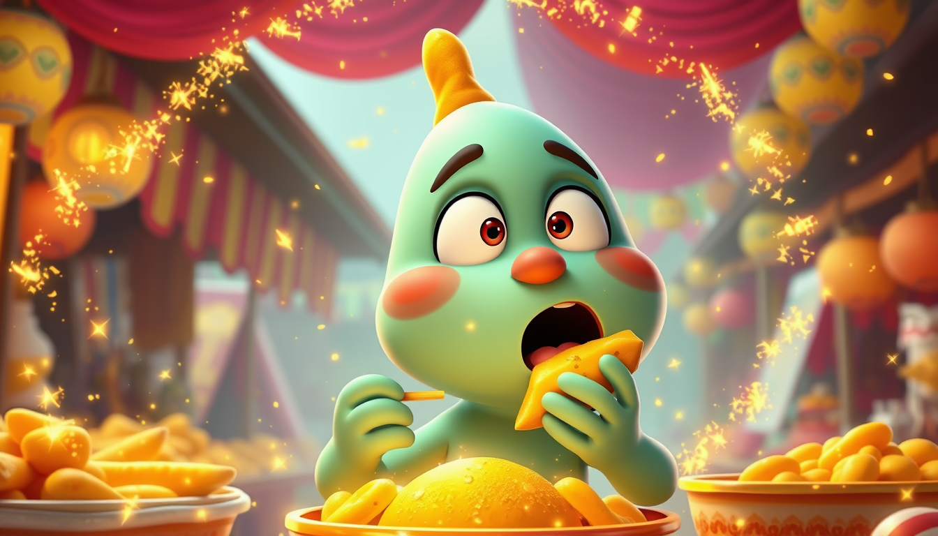 Main art studio: Same Cromdo character eating the magical golden samosa, surprised funny expression, bright golden magical sparkles exploding around him, colorful cart
