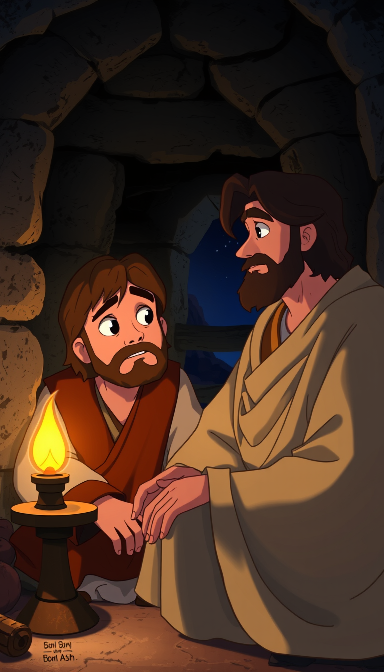 Main art studio: Cinematic 2D biblical animated illustration, emotional dramatic scene, ancient Israel in the first century. Jesus sitting beside a sick man inside a s