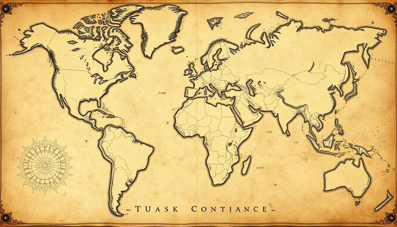 Fantasy Maps idea: fantasy world map, hand-drawn cartography, aged parchment, mountains forests and coastlines, A fictive continent , detailed RPG region map