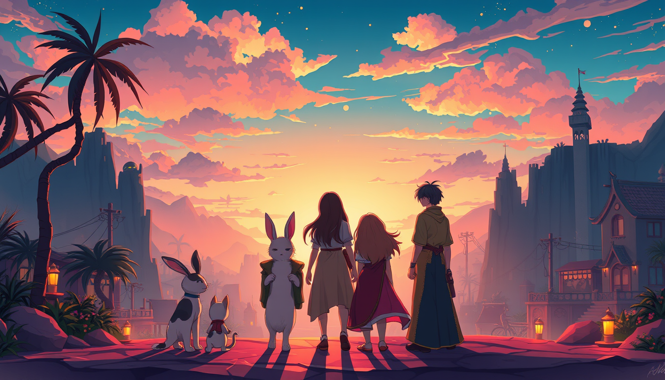 Main art studio: mesmerizing anime-like illustration that sunset city oasis, a group of diverse friends standing together facing fear of the unknown, thye use an ancie