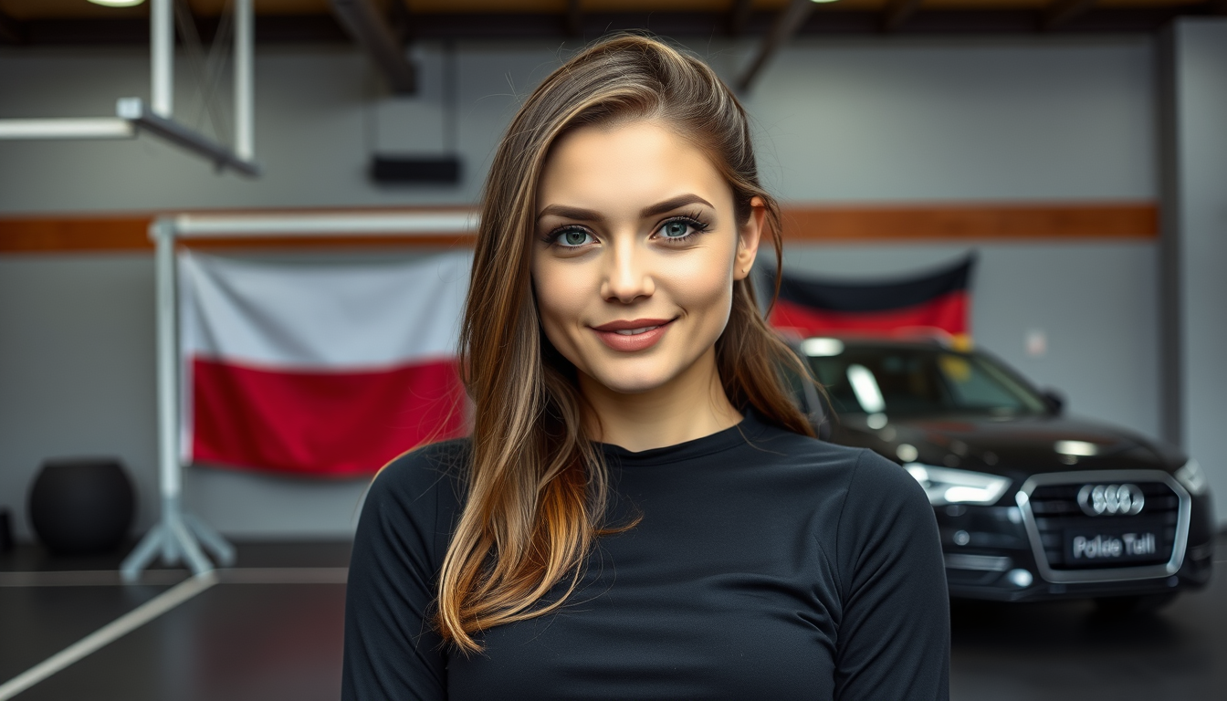 Main art studio: Erstelle mir ein plakat mit einem mädchen das dunkelbrazne haare hat braune augen im hintergrund ein gym Volleyball eine schwarze hose und ein schwarz