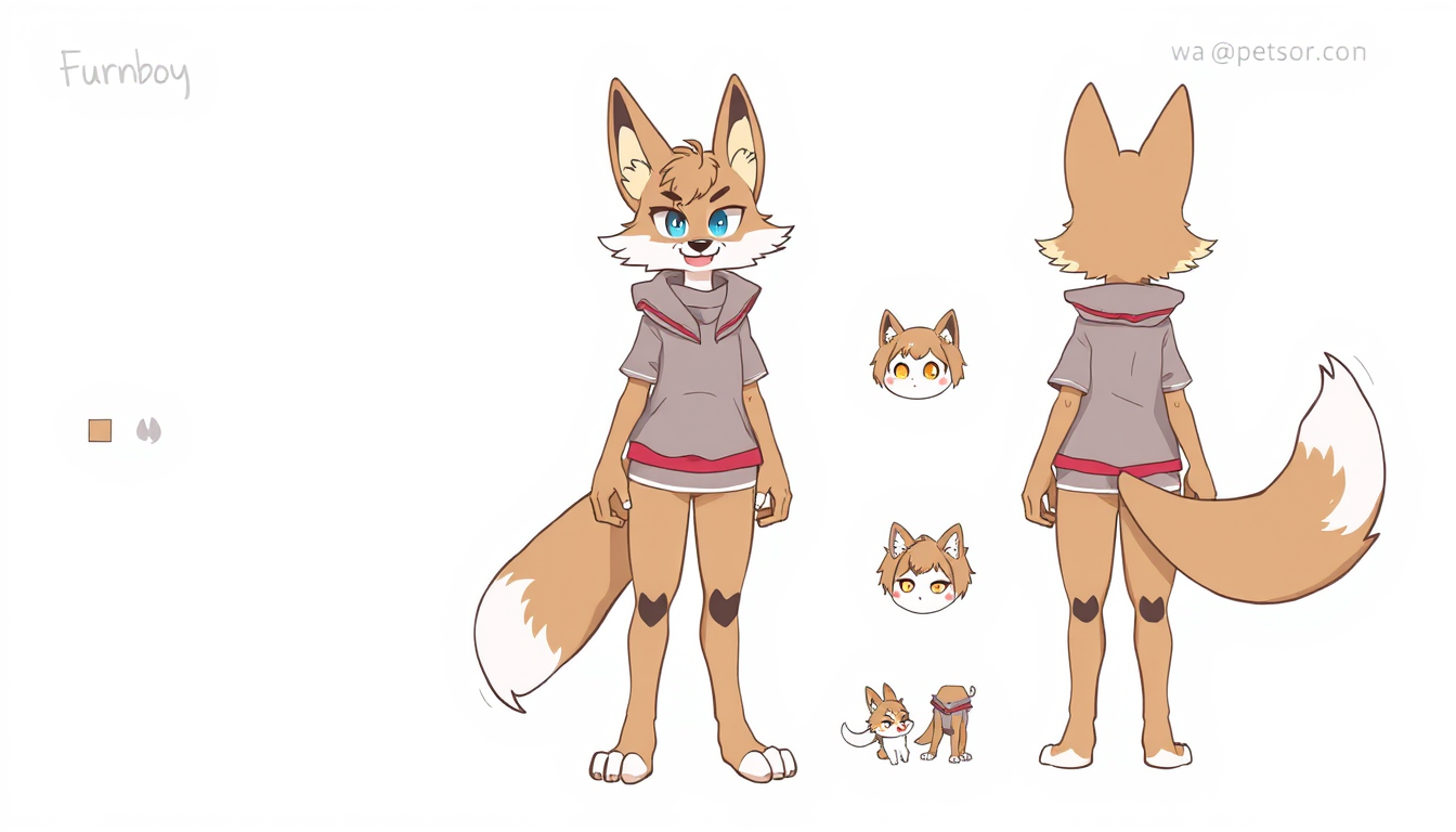 Fursona idea created from the prompt: fursona character, anthropomorphic animal design, expressive personality, reference sheet style, Furry femboy , clean fursona illustration
