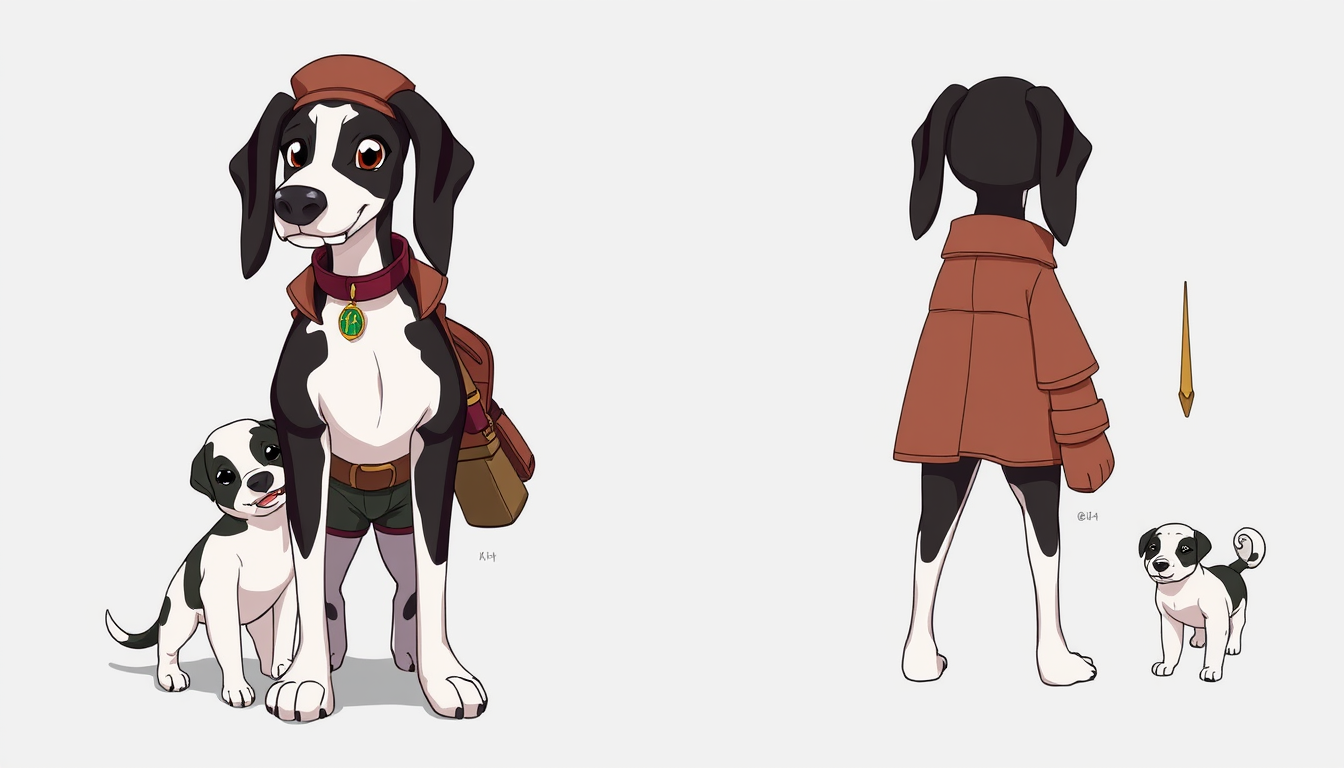 Characters idea: original character design, detailed outfit and accessories, expressive personality, labrodoor ridgeback dog, black and white, girl, big, she is kind a