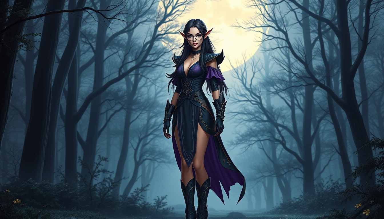 Main art studio: Full-body adult female elf fantasy character, tall elegant appearance, stylish glasses, long dark hair, pointed elf ears, confident mysterious express