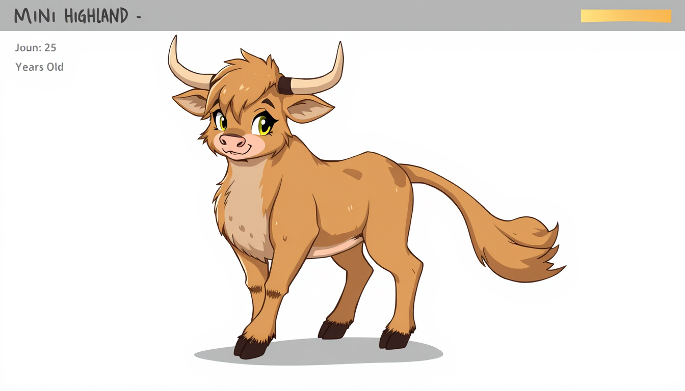 Fursona idea created from the prompt: fursona character, anthropomorphic animal design, expressive personality, reference sheet style, Mini Highland cow, anthropomorphic, light b