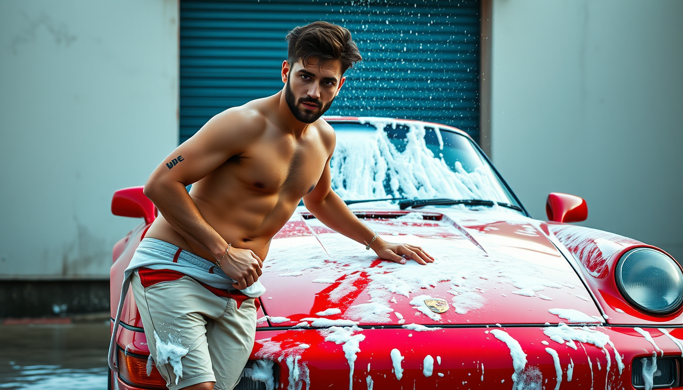 Main art studio: Create a image of Diogo Piçarra (the singer)washing a red porsche car on shorts in a sexy 90's way. He has to be looking at the camera