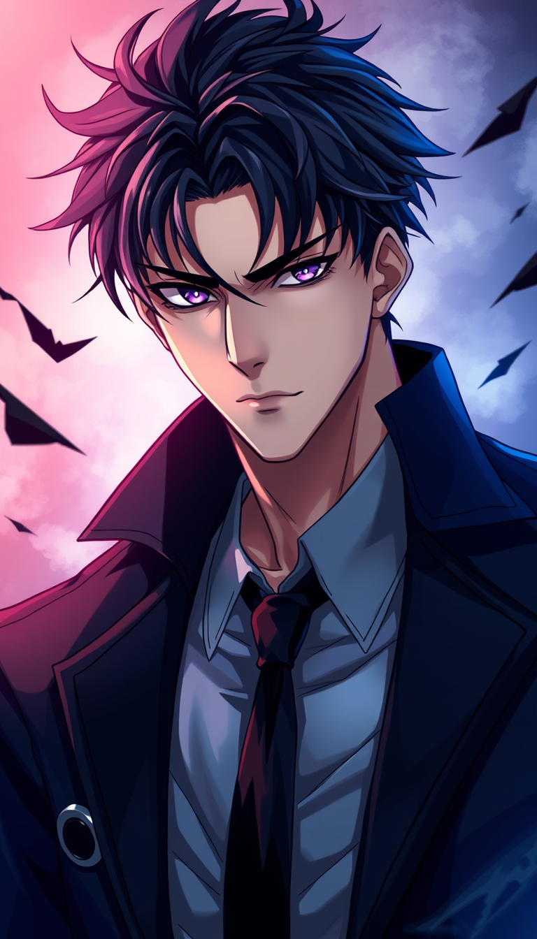Anime idea: anime style, vibrant colors, expressive eyes, Anime male protagonist, tall and lean-muscular, pale skin, sharp jawline, messy black hair, piercing vio