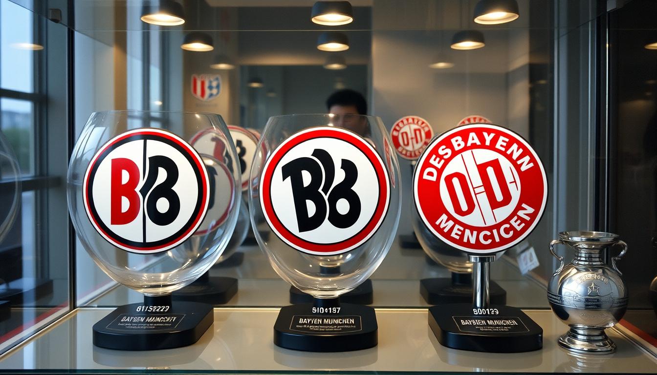 Main art studio: Erstelle mir ein Bild von einer vitrine mit 3 Meisterschalen bei der ersten Meisterschale ist das logo von borussia mönchen gladbach im hintergrund un