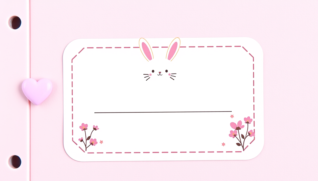 Main art studio: A cute school notebook label, pastel pink and lavender, adorable bunny and small flowers, clean rectangular layout, cute Korean stationery style, blan
