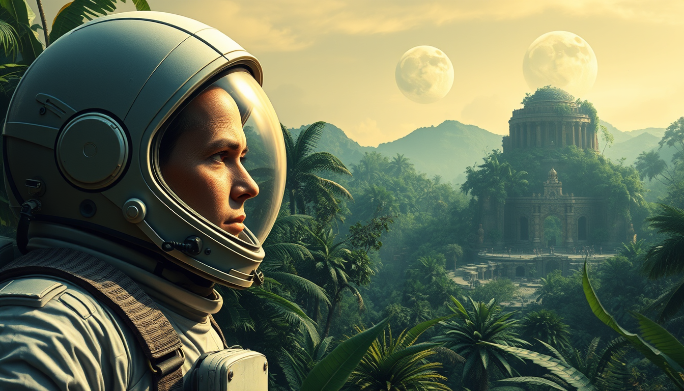 AI Art prompt example created from the prompt: Astronaut on a jungle planet with two moons in the sky. Show the face of the astronaut and have lots of jungle plants all around. Put a ruin