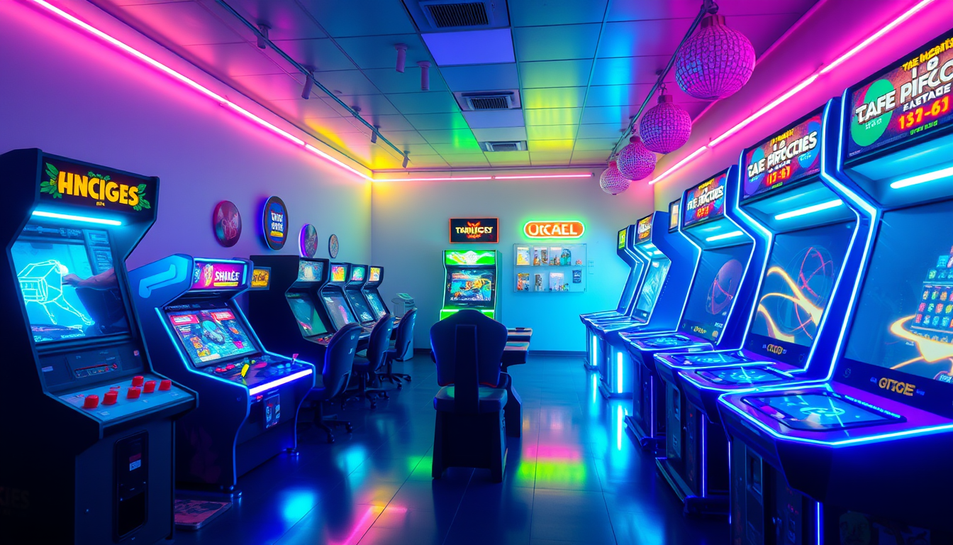 Main art studio: necesito una sala de juegos arcade, con luces de neon, sin sillas, las maquinas un poco mas de frente y que tambien tengan neon, mejorar el piso y el 