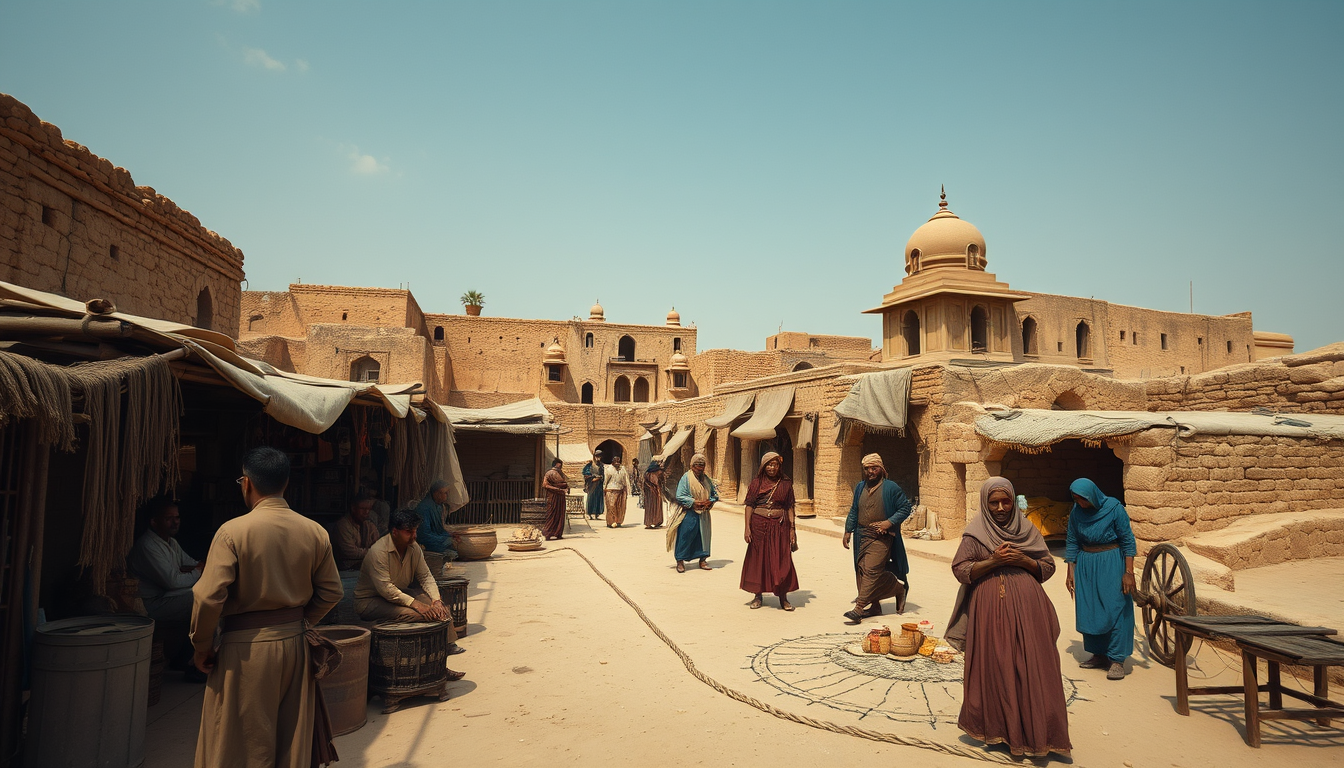 Main art studio: Historically inspired reconstruction of an old Rajasthani settlement during a difficult period, fewer merchants in the marketplace, families preparing