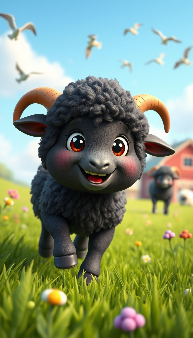 Main art studio: A cute fluffy black sheep with a friendly smiling face, big expressive eyes, small curled horns, soft 3D children's animation style, colorful cheerful