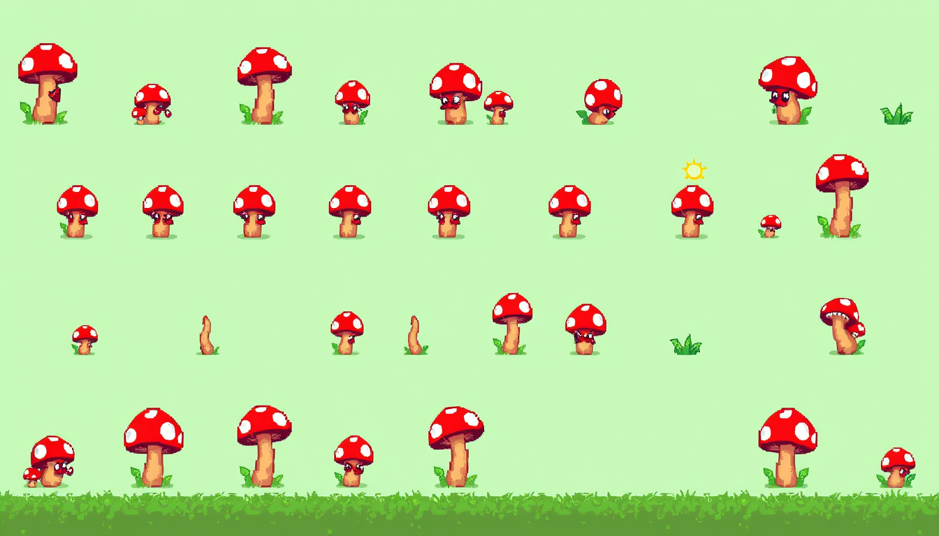 Pixel Art idea created from the prompt: pixel art style, 16-bit, retro game art, 2D pixel, Red mushroom monster sprite sheet of idle, walk, attack, hit, in grid, all animation is i