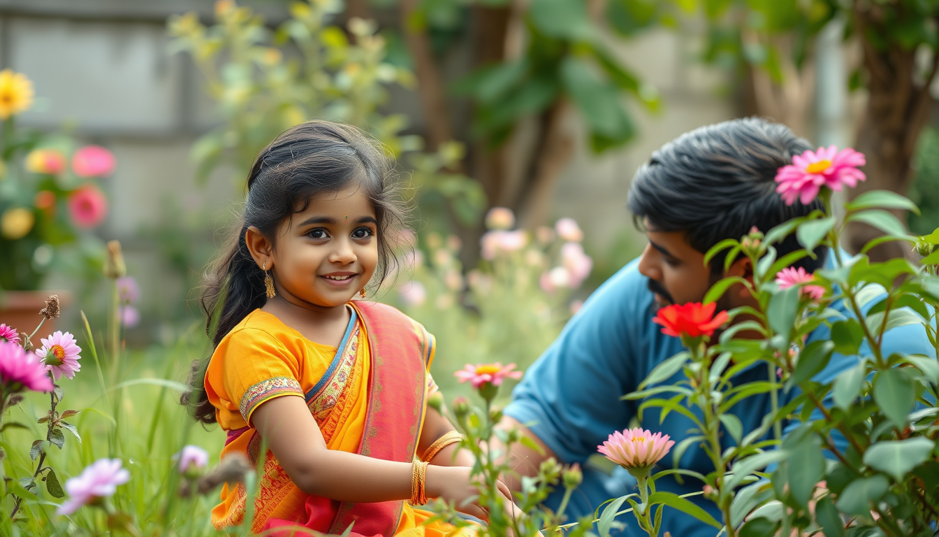 Main art studio: create a realistic indian girl her age is 10 year old image playing in the garden with her indian dad his age is 30