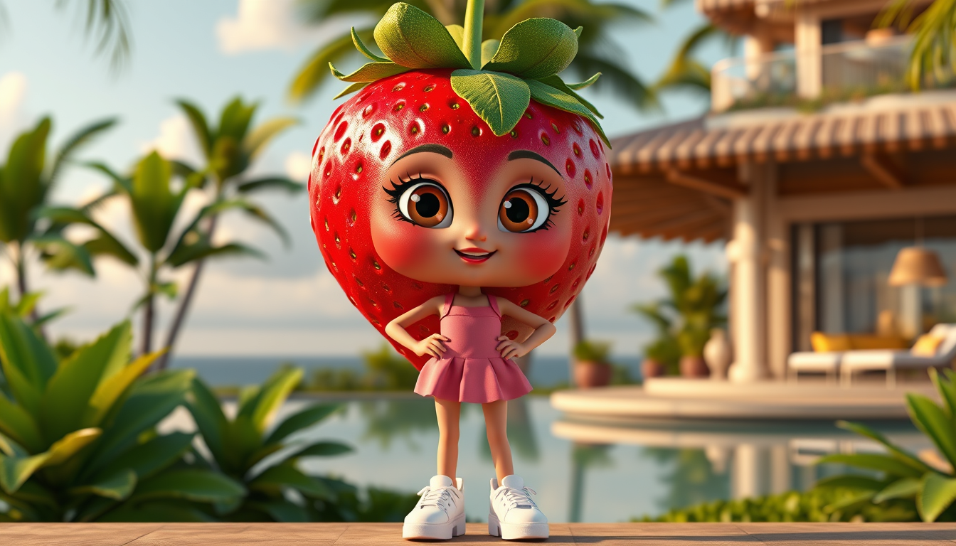 Main art studio: A cute anthropomorphic strawberry woman standing upright like a human, full body, realistic 3D animated movie style, bright red strawberry skin with t