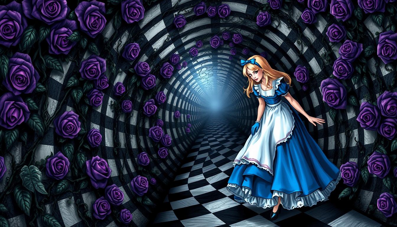 Fantasy Art idea created from the prompt: fantasy art, epic, magical, detailed illustration, A mystical depiction features Alice dressed in a striking blue gown, with a white apron f