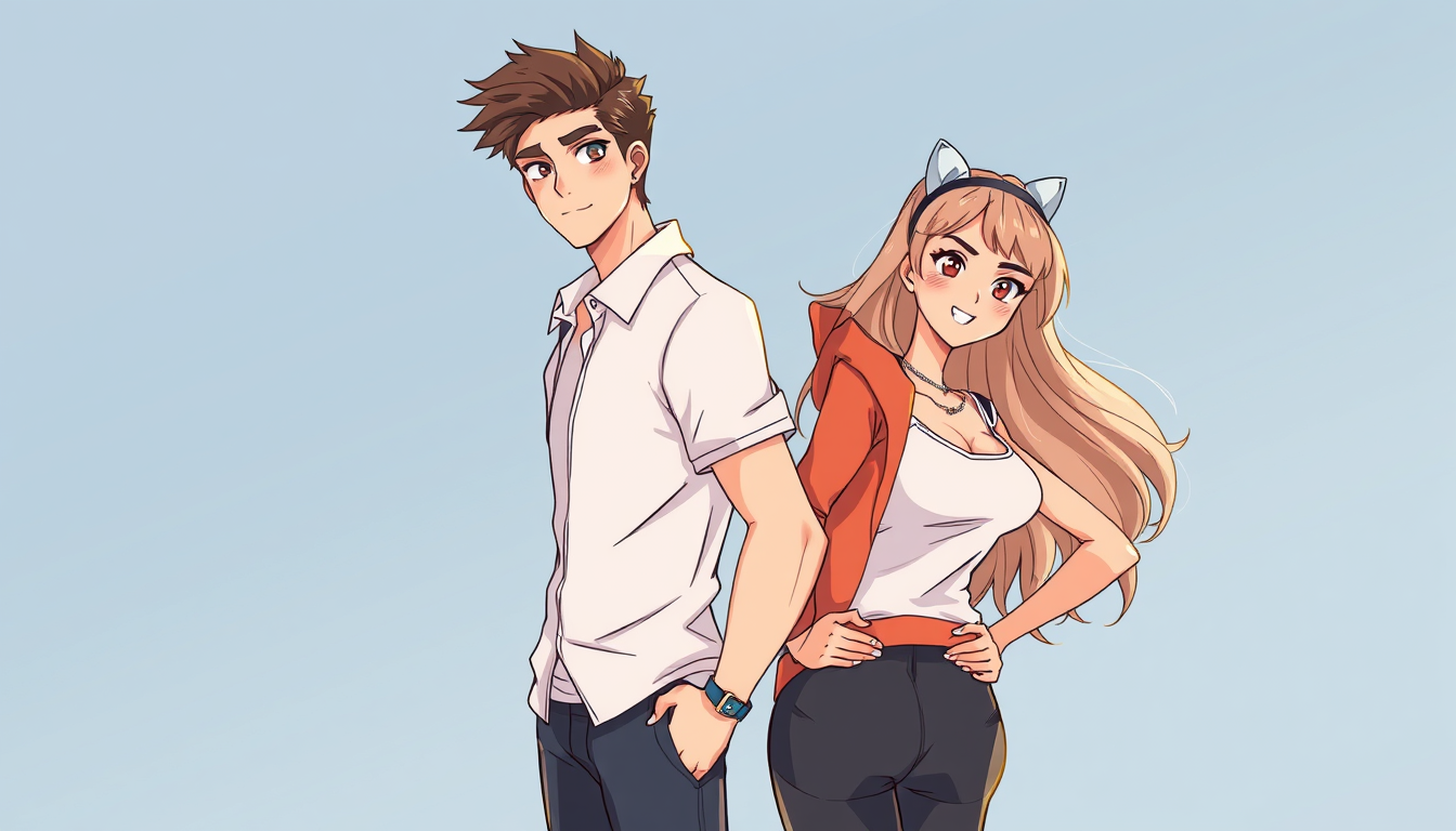Main art studio: Zeichne einen Anime jungen Mann, der attraktiv, sportlich, tänzerisch, musikalisch, empathisch, sensibel, sympatisch, intelligent ist und lange Harre 