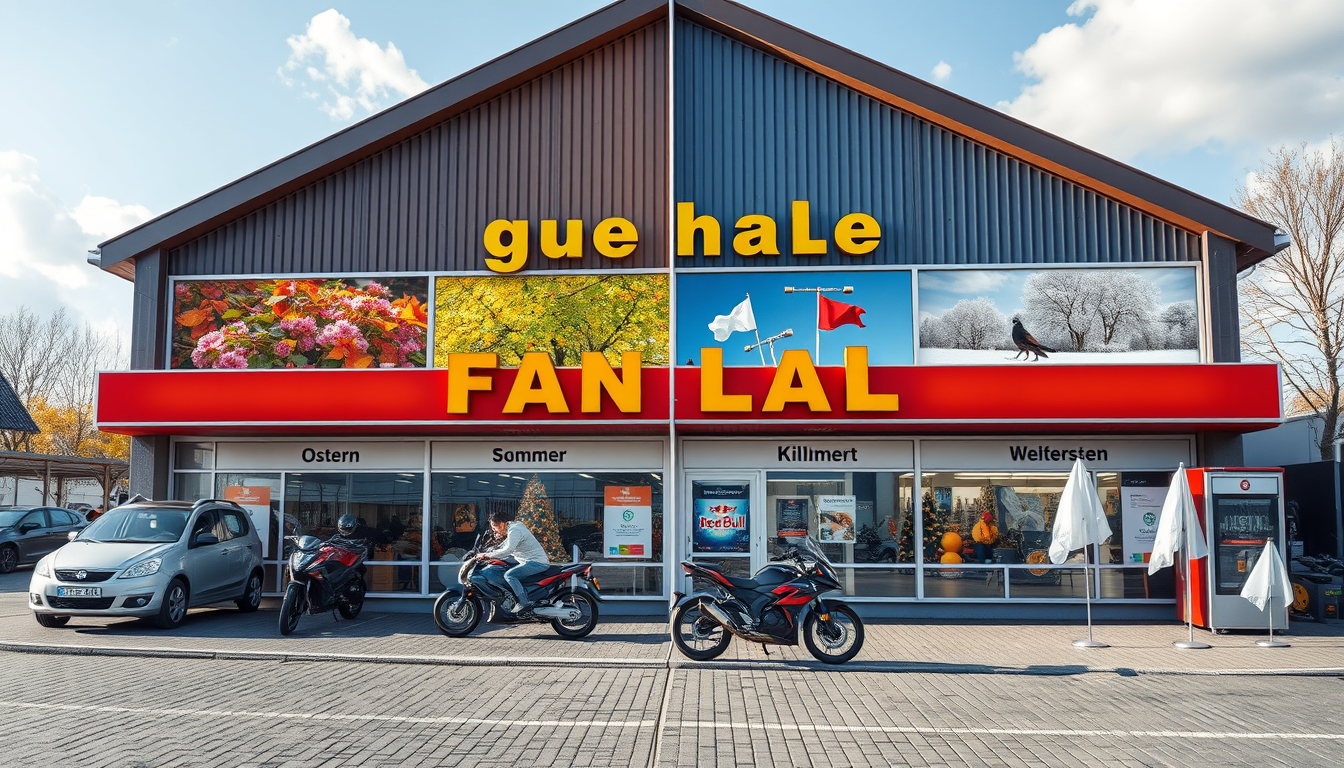 Main art studio: Realistisches, wehmütig-herzliches Plakat einer bald schließenden Spielhalle. Der Gebäudehintergrund zeigt alle 4 Jahreszeiten am Tag: Ostern/Frühling
