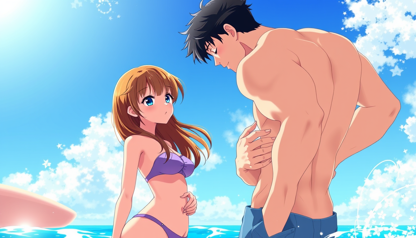Anime idea: anime style, vibrant colors, expressive eyes, In a sunny sea setting, a girl with long brown hair wearing a burkini and a tall, muscular man with shor