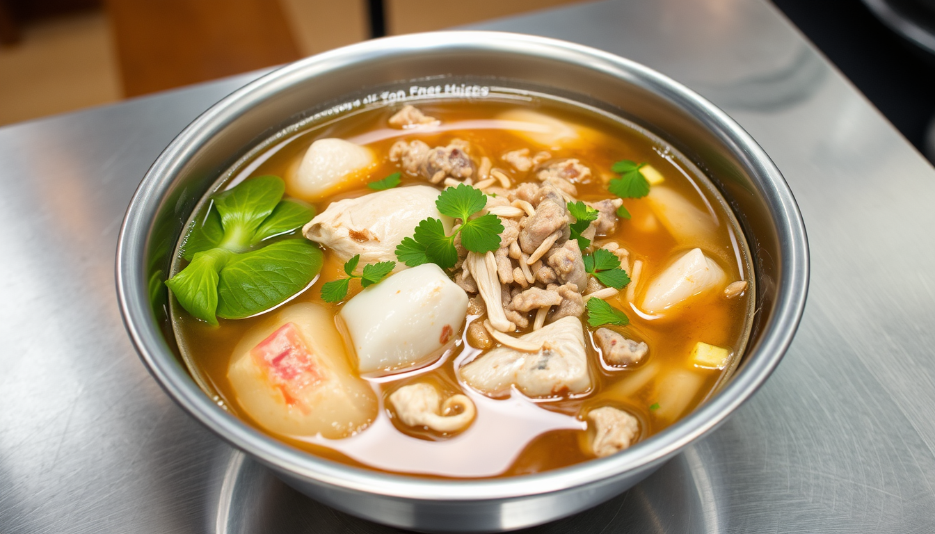 AI Art prompt example created from the prompt: Show a bowl of chicken and minced meat pho in a stainless steel bowl placed on a stainless steel table. The image should only feature the bo