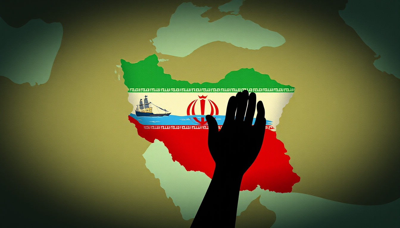 Main art studio: Surreal editorial poster, not realistic, not cartoon. The CASPIAN SEA appears only at the NORTH of Iran, exactly on the northern border, never in cent