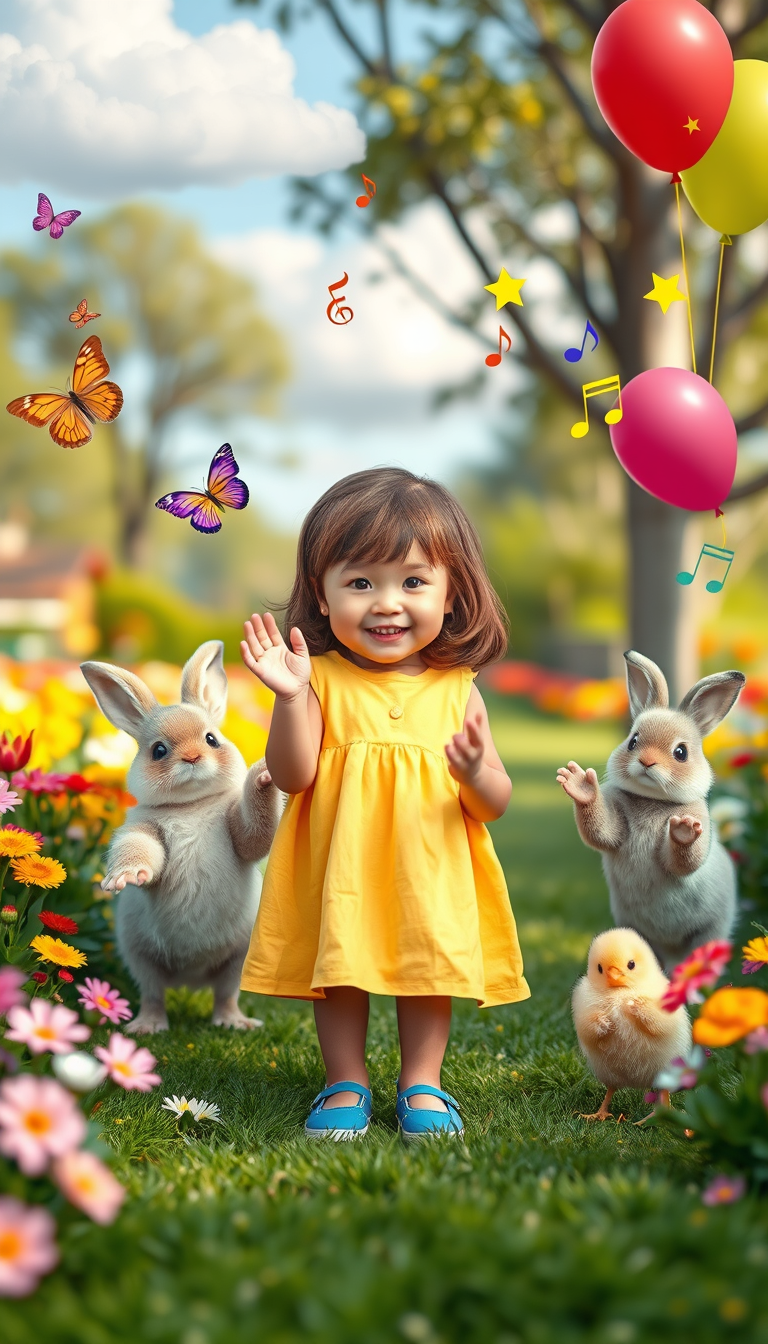 Main art studio: A cute little girl with brown hair in a yellow dress and blue shoe stands in a colorful park, smiling at the camera. She is surrounded by flowers, but
