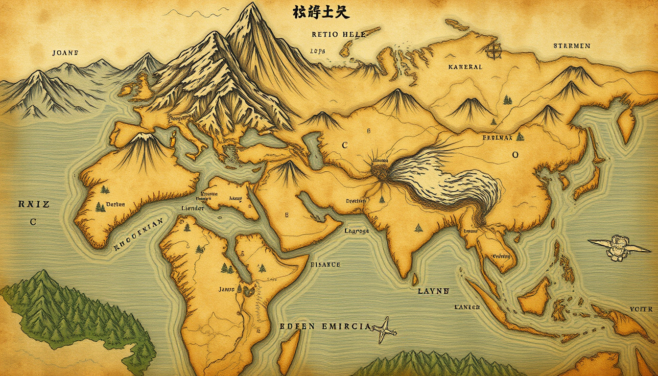 Fantasy Maps idea: fantasy world map, hand-drawn cartography, aged parchment, mountains forests and coastlines, リアルな地図 何万年も前に火山が噴火してできた島 動物がいるが、白亜紀の恐竜などの生物が生き残っている , det