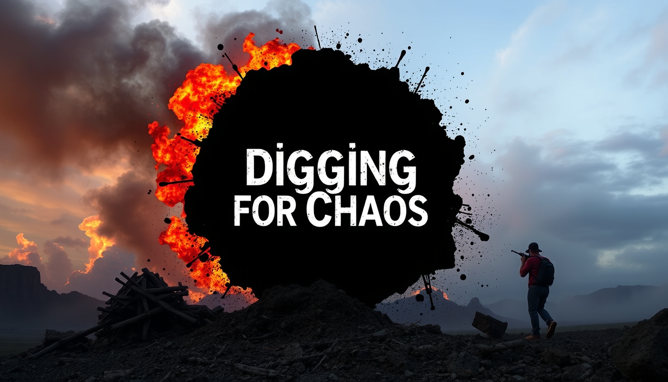 Main art studio: Create an image that describe the words Digging for Chaos. Be sure to include this text in the image, Digging for Chaos. This is a song cover, so no p
