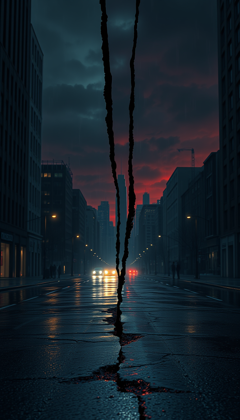 Main art studio: A mysterious vertical crack in the air, exactly human height, floating above a wet city street at night. A thin, jagged black fracture in reality, abo