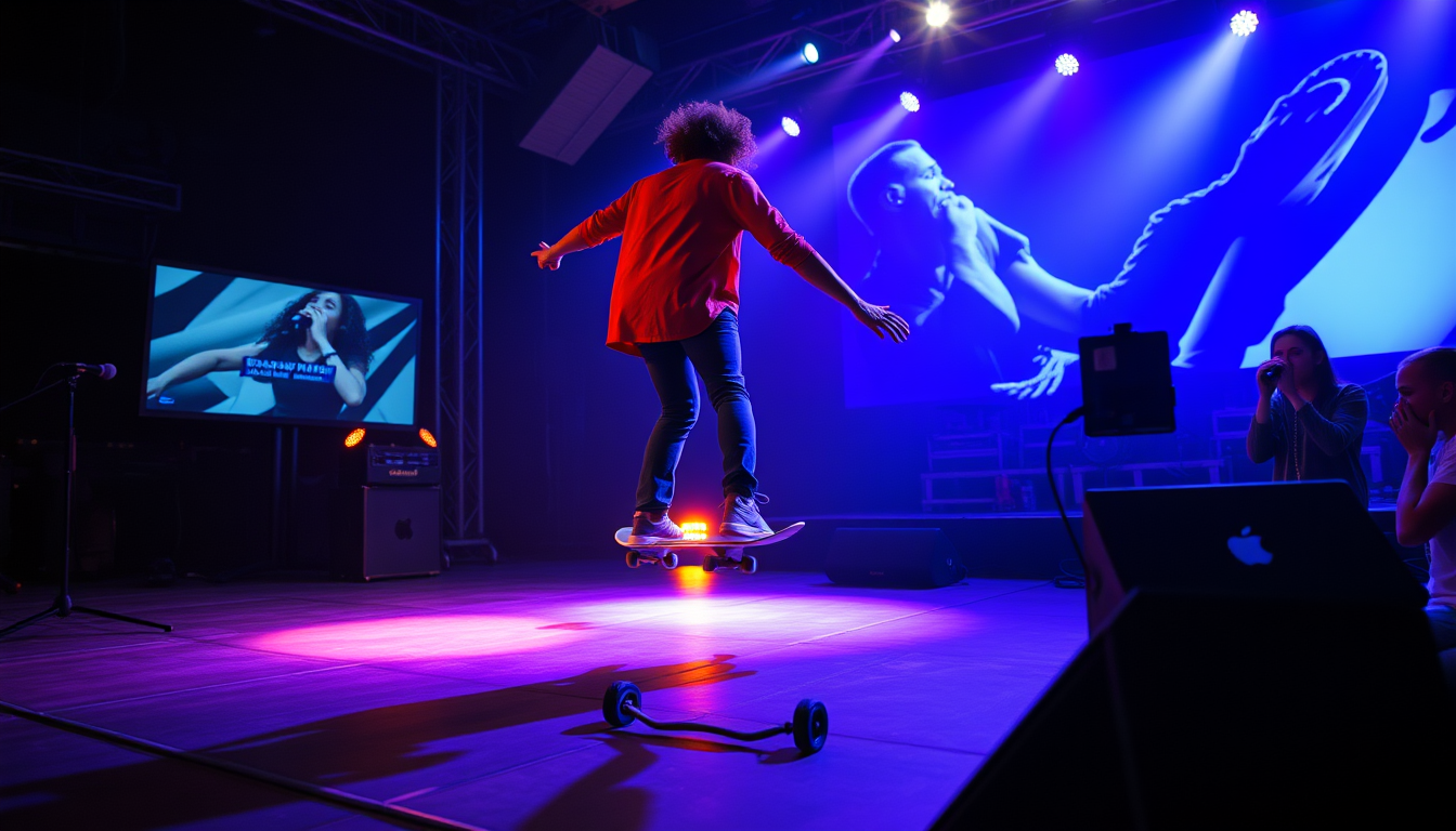 AI Art prompt example created from the prompt: Music video for social media me riding a skateboard on a stage