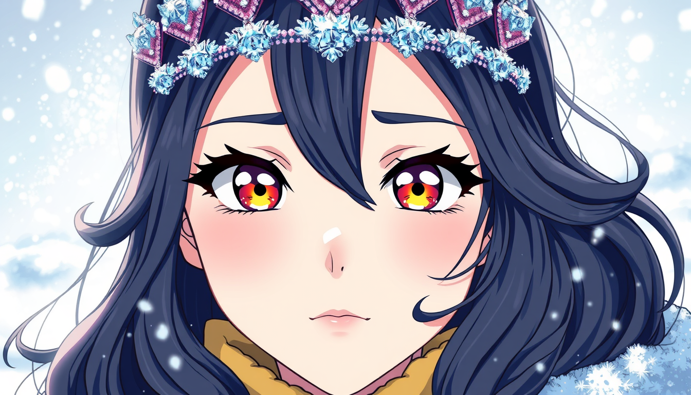 Anime idea: anime style, vibrant colors, expressive eyes, ANIME permafrost pam wears a heavy, glittering tiara radiating sub-zero temperatures and with wavy hair 