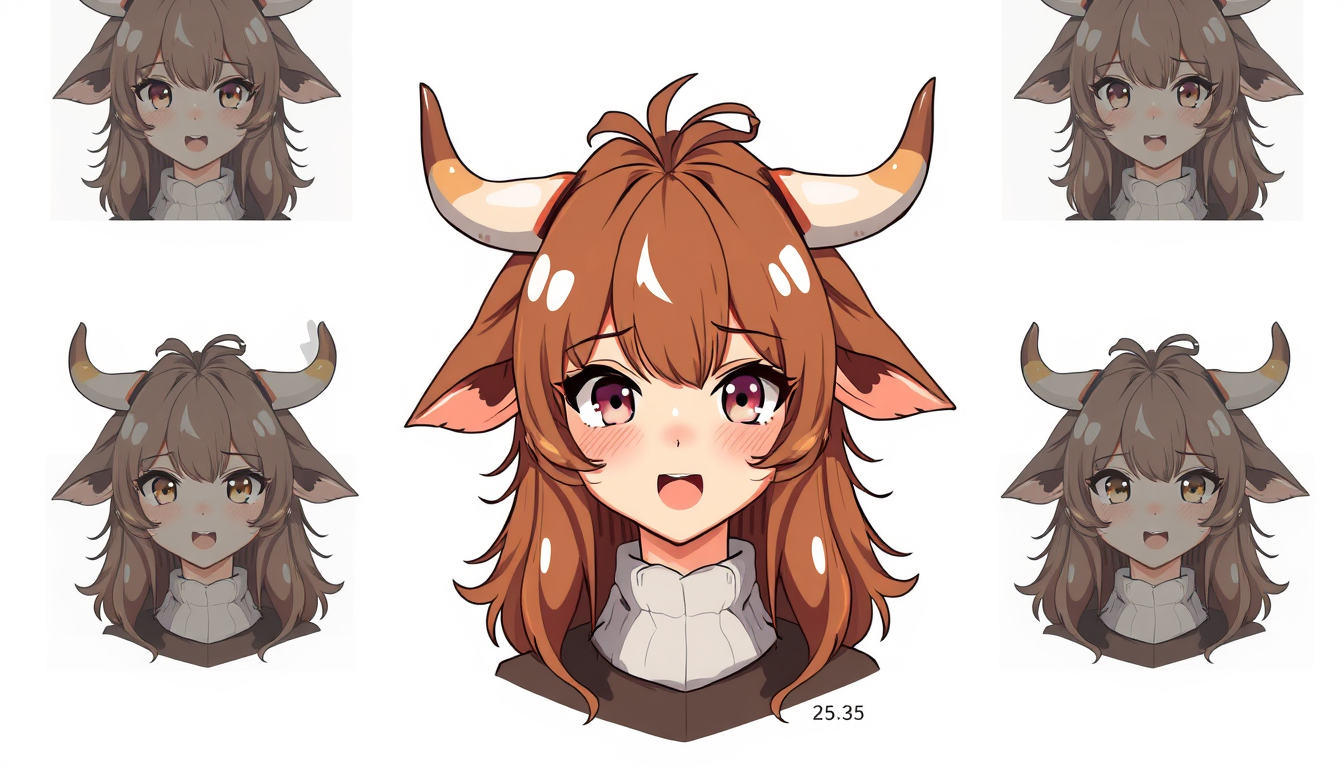 Fursona idea created from the prompt: fursona character, anthropomorphic animal design, expressive personality, reference sheet style, anime woman, 25 years old, highland cow ear