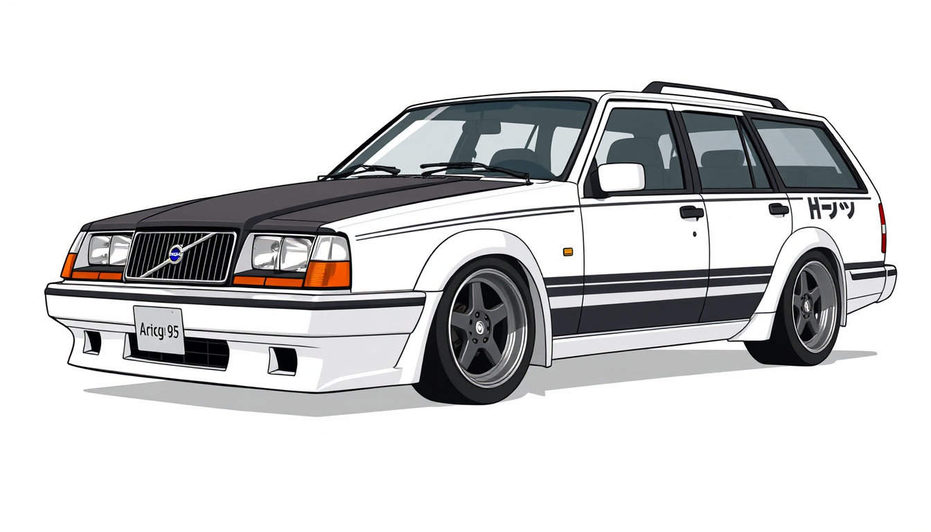 Main art studio: Anime-style hand-drawn Volvo 940 station wagon, transformed into the iconic white-and-black “panda” street-racing style of Takumi Fujiwara’s AE86. Whi