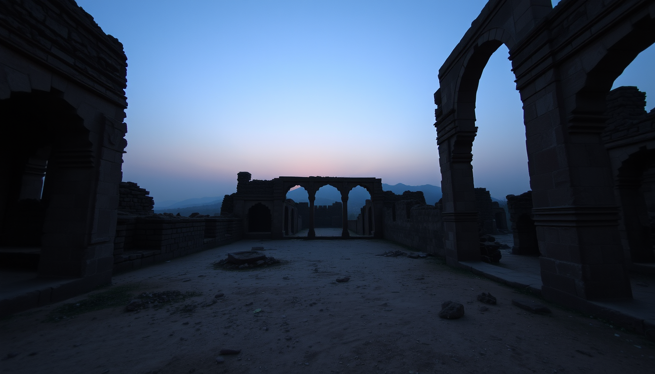 Main art studio: The deserted ruins of Bhangarh Fort at twilight, ancient palace arches and broken stone walls, a distant ambiguous shadow between the ruins, no visibl