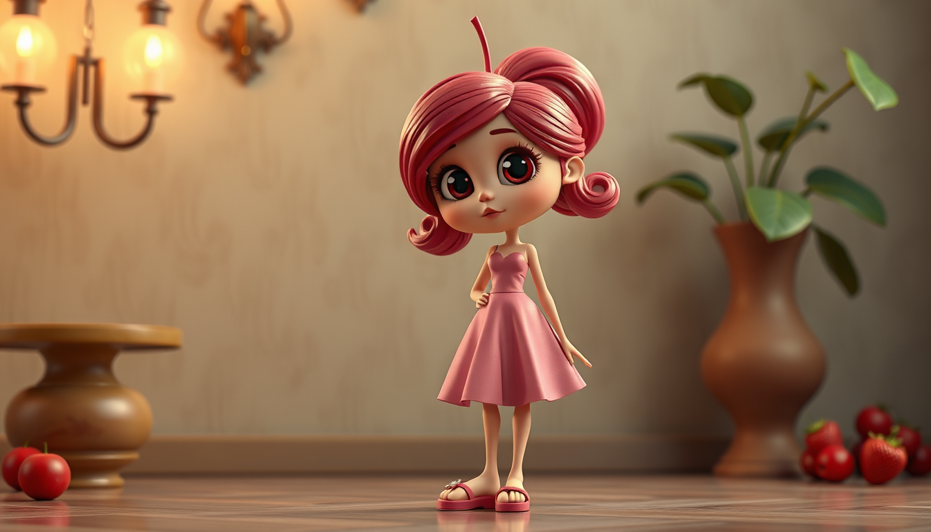 Main art studio: Moranguinha é uma frutinha grávida em estilo 3D realista, com olhos grandes, cílios delicados, bochechas rosadas e uma barriga arredondada. Usa um ves