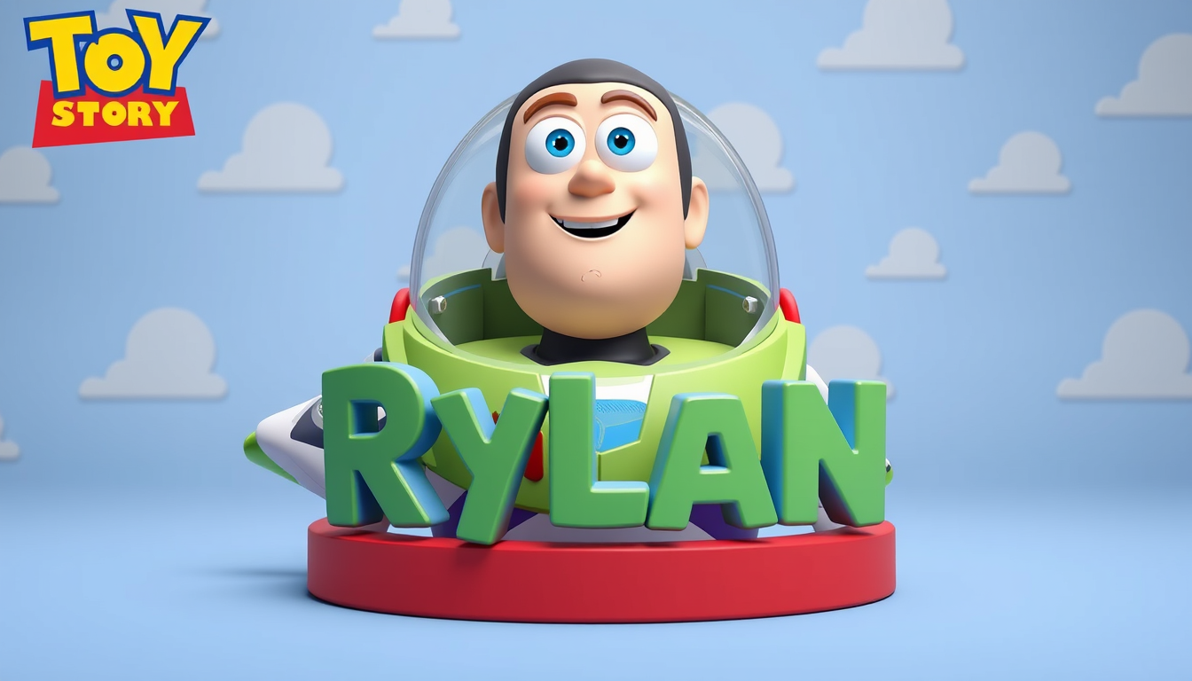 Main art studio: Make a Toy Story themed image with the name Rylan on it make it for a 8 year old boy make it 3d and eye catching.