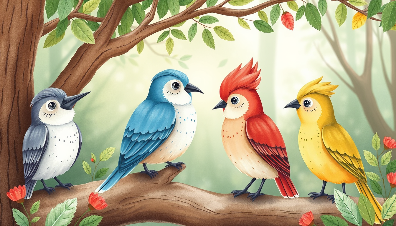 Main art studio: creame diferentes pajaros que van a formar parte de un libro infantil donde viven en un bosque. solo creame los personajes Acuarela infantil dibujada 