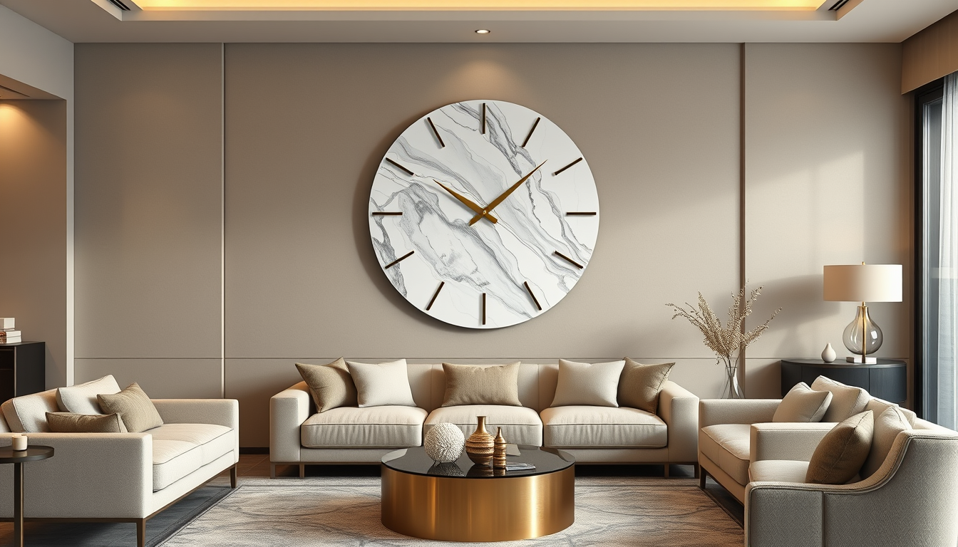 Main art studio: Photorealistic luxury living room with a beautiful handmade round epoxy resin wall clock. The clock has an elegant white and gray marble pattern with