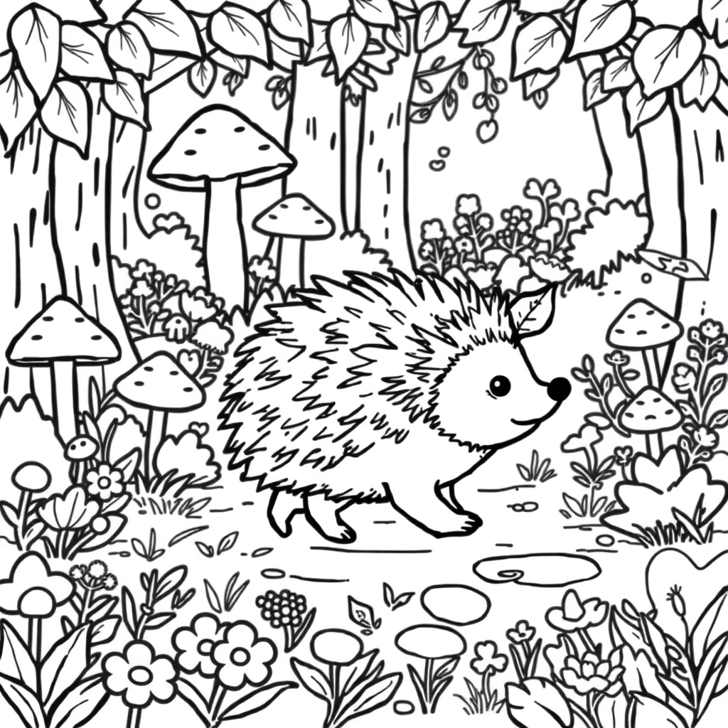Main art studio: A cute little hedgehog walking through a forest filled with mushrooms, leaves, flowers and small bushes. The hedgehog is carrying a tiny leaf on its b