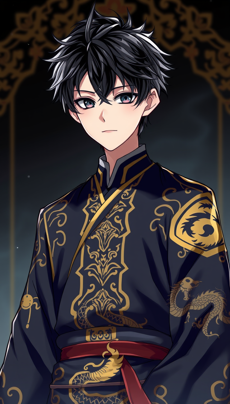 Anime idea: anime style, vibrant colors, expressive eyes, Chinese fantasy anime boy, 16 years old, handsome, black messy medium hair, sharp face, calm mysterious