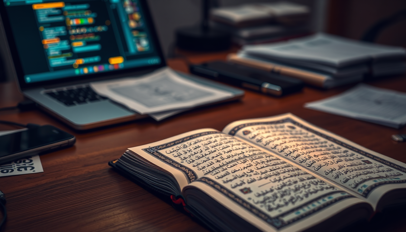 Main art studio: A wooden desk with smartphone, laptop and scattered papers, glowing notification icons blurred in the background while an open Quran shines softly, sy