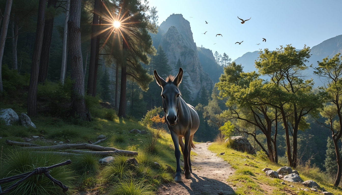 Main art studio: Raghu walking through a beautiful forest and rocky mountain trail with his gray donkey, sunlight passing through trees, birds flying, peaceful Indian