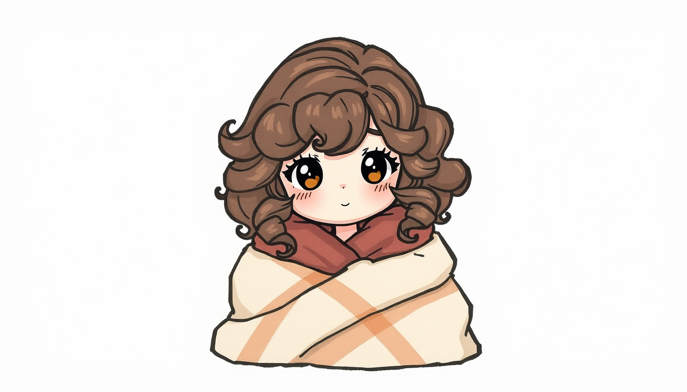 Main art studio: Draw a image of a girl with curly and dark brown hair in the kawaii style. The girl is in a blanket, like a burrito.