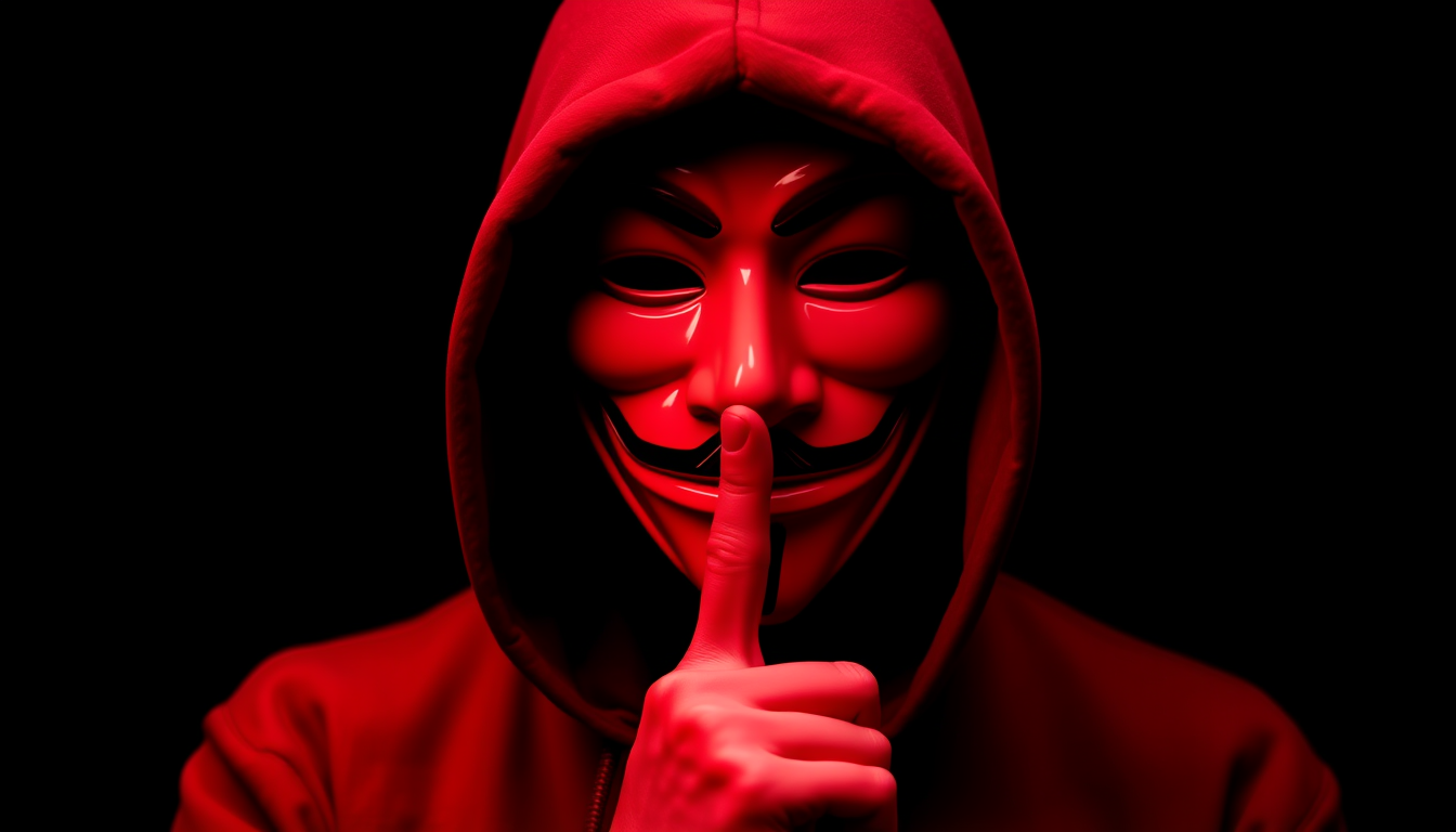 Main art studio: A red Anonymous hacker wearing a Guy Fawkes mask, hood up, holding one index finger to the lips in a "shhh" gesture. Centered portrait, pure black bac