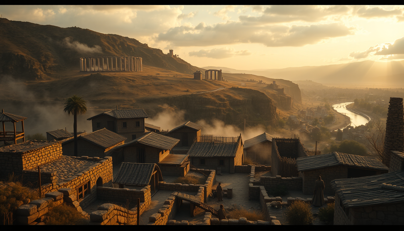 Main art studio: A cinematic historical reconstruction of early ancient Rome at dawn, the legendary hills of Rome overlooking a small early Roman settlement, primitive