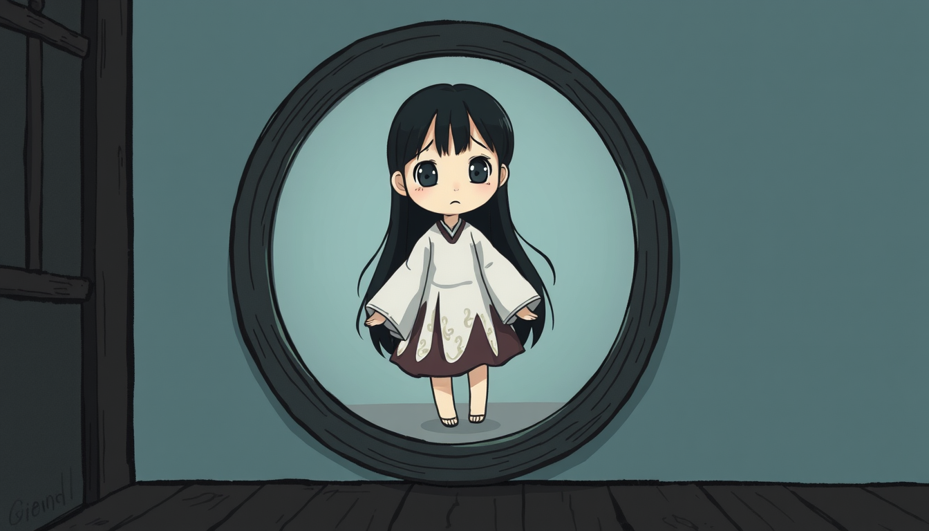 AI Art prompt example created from the prompt: A ghost character inspired by the Korean superstition, “If you look into a mirror at night, a ghost will appear.” A young girl ghost lives i