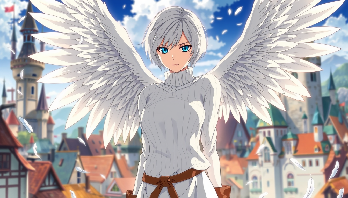 Main art studio: Anime female character, young adult, mature elegant face, short white hair, sharp blue eyes, calm confident emotionless expression, intimidating aura.